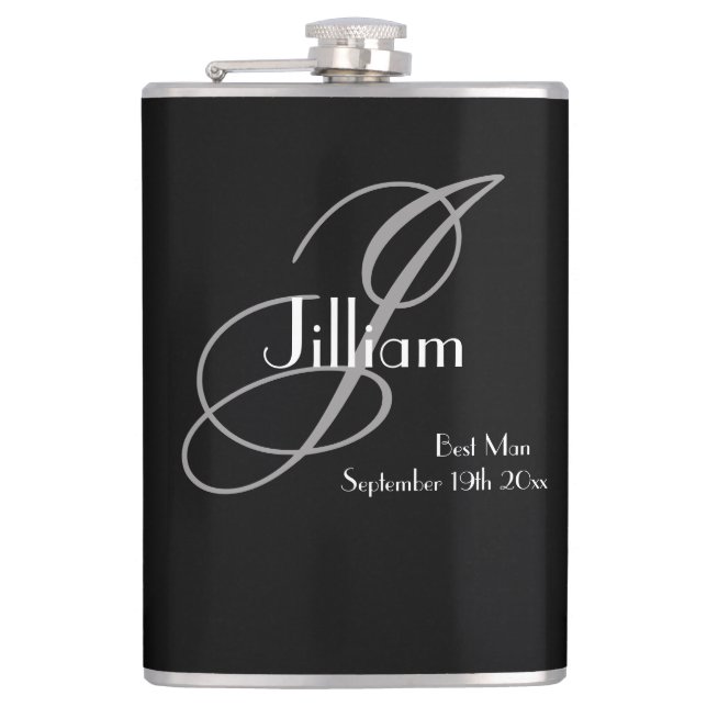Best Man Gift Black White Script Elegant Monogram Hip Flask (Front)