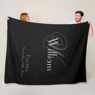 Best Man Gift Modern Monogram Chic Script Black  Fleece Blanket