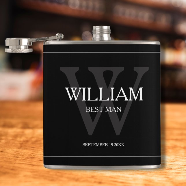 Best Man Gift Monogram Name Date White Grey Black Hip Flask (A gift he will treasure.)
