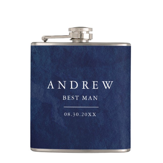 Best Man Gift Watercolor Dark Blue Wedding Flask (Front)