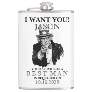 Best Man Groomsman Proposal Uncle Sam I WANT YOU Hip Flask