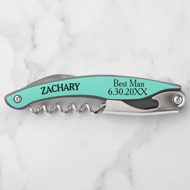 Best Man Light Turquoise Wedding Corkscrews (Back)