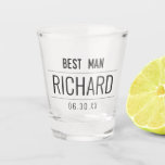 Best Man Modern Black Typography Monogram Shot Glass<br><div class="desc">This cool and modern Best Man typography shot glass design is the perfect gift for the Groom's bridal party. It features simple black typography with a personalised date and monogram name. Customise the text colour by clicking the "customise" button to access more options. ***IMPORTANT DESIGN NOTE: For any custom design...</div>