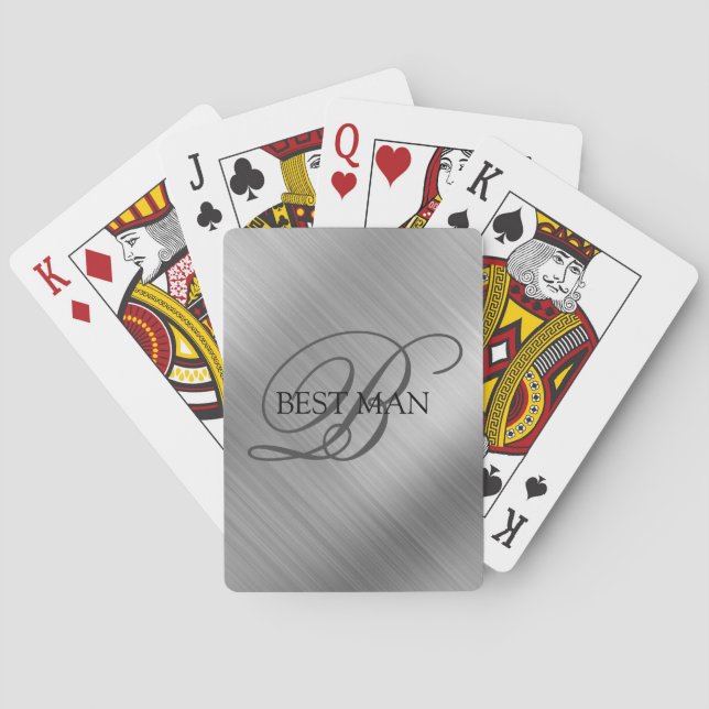 Best Man Monogram Brushed Silver Playing Cards (Back)