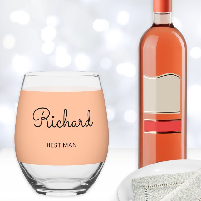 Best Man Monogrammed Stylish Custom Wedding Peach Stemless Wine Glass (A peach stemless wine glass, to personalize with a name, for your Best Man at your wedding reception)
