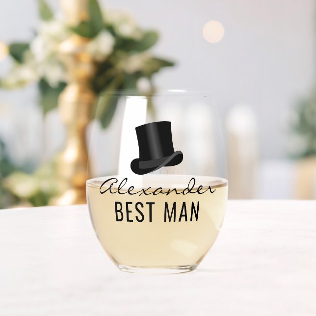 Best Man Name Top Hat Wedding Date Stemless Wine Glass (Insitu (Wedding))