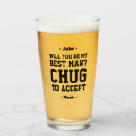 Best Man Proposal Chug to Accept Funny Favour Beer Glass<br><div class="desc">Get the wedding celebration started in style with a funny personalised Best Man proposal beer glass. Design features stylish modern typography names, and a customisable request reading "Will you be my Best Man? Chug to accept". All text is simple to customise or delete. These unique and original beer glasses make...</div>