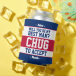 Best Man Proposal Chug to Accept Red White & Blue Can Cooler<br><div class="desc">Get the wedding celebration started in style with a funny personalised best man proposal can cooler. The patriotic red, white and blue design features stylish modern typography names and a customisable request reading "Will you be my best man? Chug to accept". All text is simple to customise or delete and...</div>