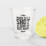 Best Man Proposal Funny Wedding Drink Idea Take a Shot Glass<br><div class="desc">Get the wedding celebration started in style with a funny personalised Best Man proposal shot glass. Design features stylish modern typography names, and a customisable request reading "Wanna take a shot at being my Best Man?" All text is simple to customise or delete. These unique and original shot glasses make...</div>