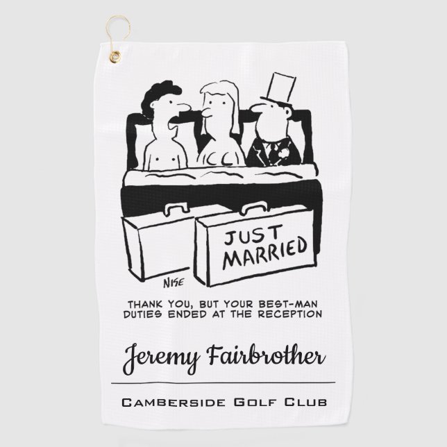 Best Man Shares a Bed with Bride & Groom Funny Golf Towel (Front)