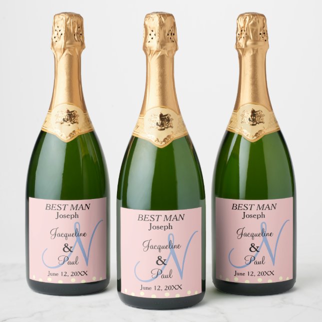 Best Man Soft Rose Quartz Monogram Sparkling Wine Label (Bottles)
