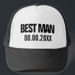 Best Man trucker hat for bachelor wedding party<br><div class="desc">Best Man trucker hat for bachelor wedding party. Custom groomsmen caps. Personalise with your own name or date. Custom gifts for request or proposal.</div>