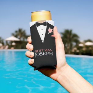 Best man tuxedo coral rose suit tie custom name seltzer can cooler