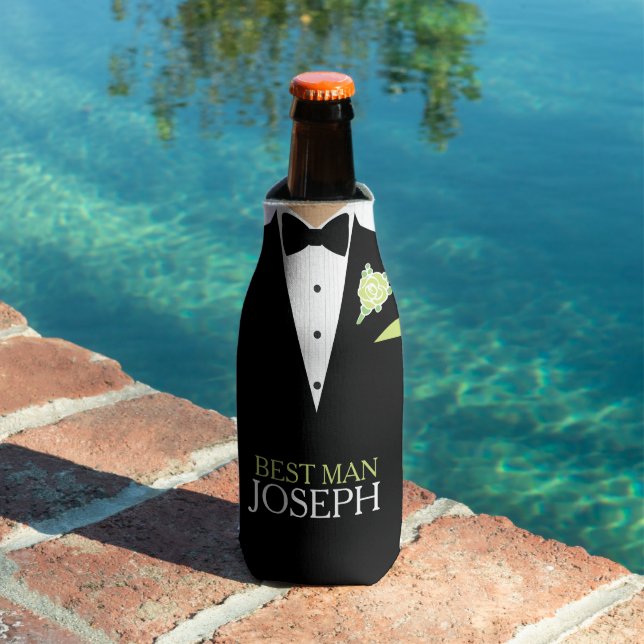 Best man tuxedo green rose button custom name bottle cooler (In Situ Pool)