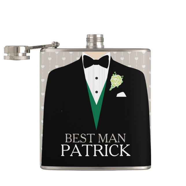 Best man tuxedo green rose button named hip flask (Opened)
