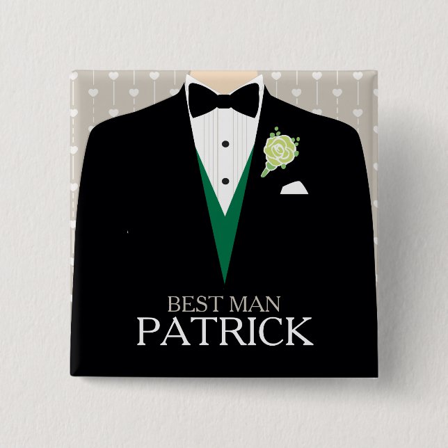 Best man tuxedo green rose personalized button (Front)