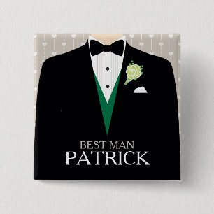 Best man tuxedo green rose personalized button
