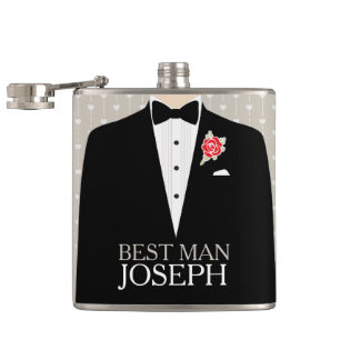 Best man tuxedo red rose button named hip flask