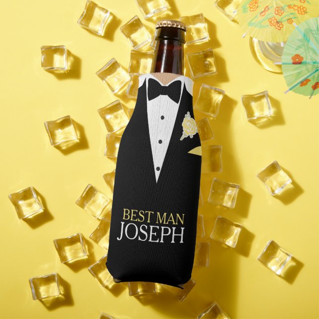 Best man tuxedo yellow rose button custom name bottle cooler (In Situ Summer)