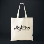 Best Man Wedding | Cool Modern Script Typography Tote Bag<br><div class="desc">The Best Man of your wedding will love this personalised tote bag! A fun trendy modern script font and swirl embellishment adorn the front of the bag and below there's space for two lines of custom text - add the Best Man's name, wedding date, location, etc. Timeless and classic, yet...</div>