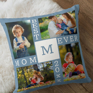 Best Mom Ever 4 Photo Collage Blue White Monogram Cushion