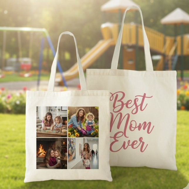 Best Mom Ever Custom 4 Photo Collage Pink Tote Bag (Creator Uploaded)