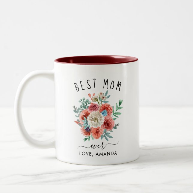 Best Mom Ever- Floral Burgundy Boho Two-Tone Coffee Mug (Left)