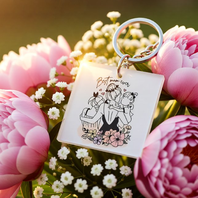 Best Mom Ever Floral Mother & Kids Illustration Key Ring (Best Mom Ever Floral Mother & Kids Illustration Keychain)