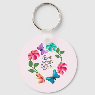 Best Mom Ever Floral Wreath Cute Butterfly Flowers Key Ring