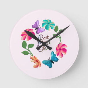Best Mom Ever Floral Wreath Cute Butterfly Flowers Round Clock