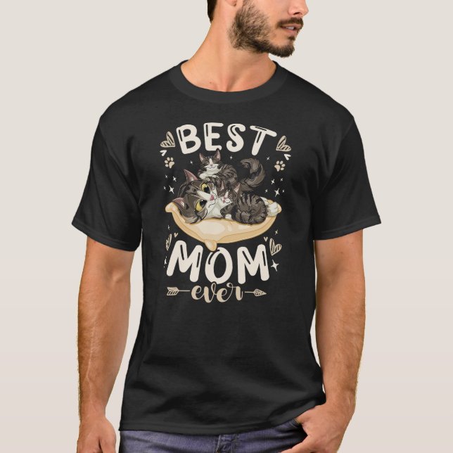 Best Mom Ever, Mother Forest Cat with 2 Kittens Mo T-Shirt (Front)