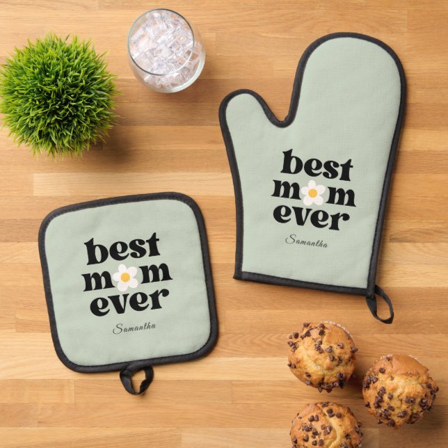 Best Mom Ever Personalized Sage Green Oven Mitt & Pot Holder Set (Top Down)