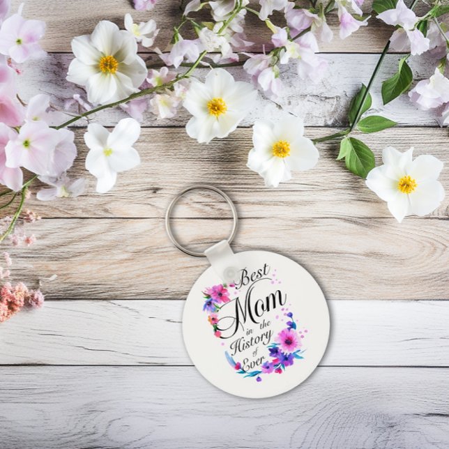 Best Mom Ever, Pink and Purple Flowers for Mom Key Ring (Best Mom in the History of Ever Keychain)