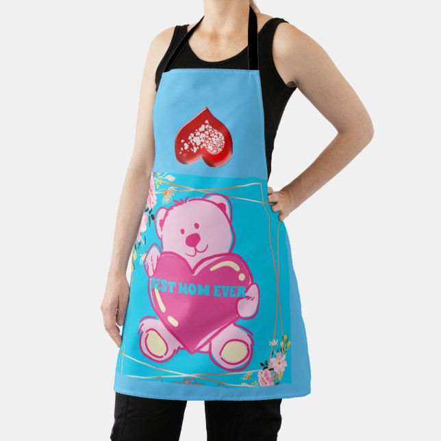 BEST MOM EVER PINK BABY BLUE TEDDY BEAR FLORAL   APRON (Insitu)