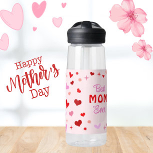 Best MOM Ever - Pink background Red Hearts & Stars Water Bottle