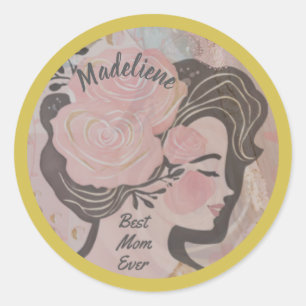 Best Mom Ever Pretty Flowers Gold Frame Round Name Classic Round Sticker