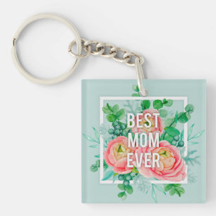 Best Mom Ever Watercolor Peony Floral Green & Pink Key Ring