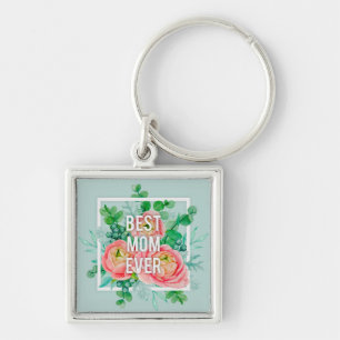Best Mom Ever Watercolor Peony Floral Green & Pink Key Ring