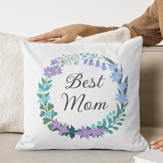 Best Mom Mother Floral Bluebells Greenery Wreath Cushion (Creator Uploaded)