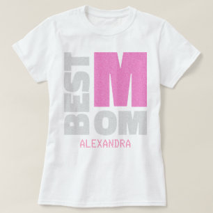 Best Mom Pink Silver Glitter Name Customized T-Shirt