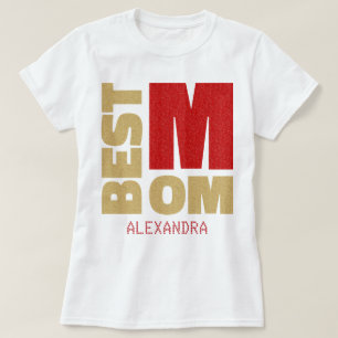 Best Mom Red Gold Glitter Name Customized T-Shirt