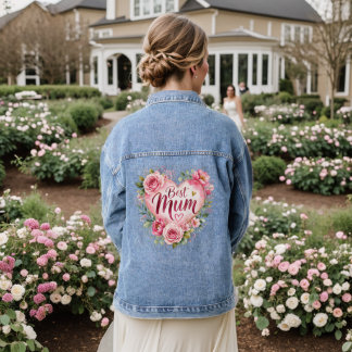 Best Mom Watercolor Floral Heart Design Denim Jacket