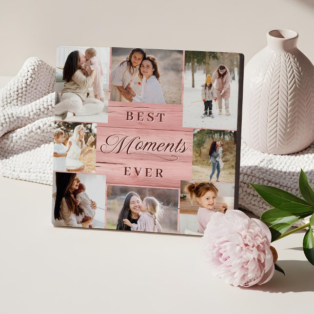 Best Moments Ever Photo Collage Pink Woodgrain  Plaque (Best Moments Ever Photo Collage Pink Woodgrain Plaque)