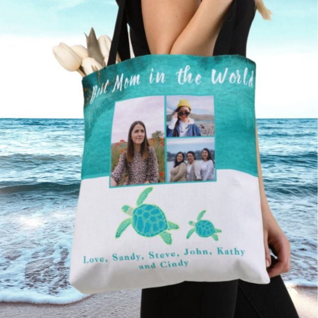 Best Mother 3 Photo Turquoise Teal Sea Turtles Tot Tote Bag (Creator Uploaded)