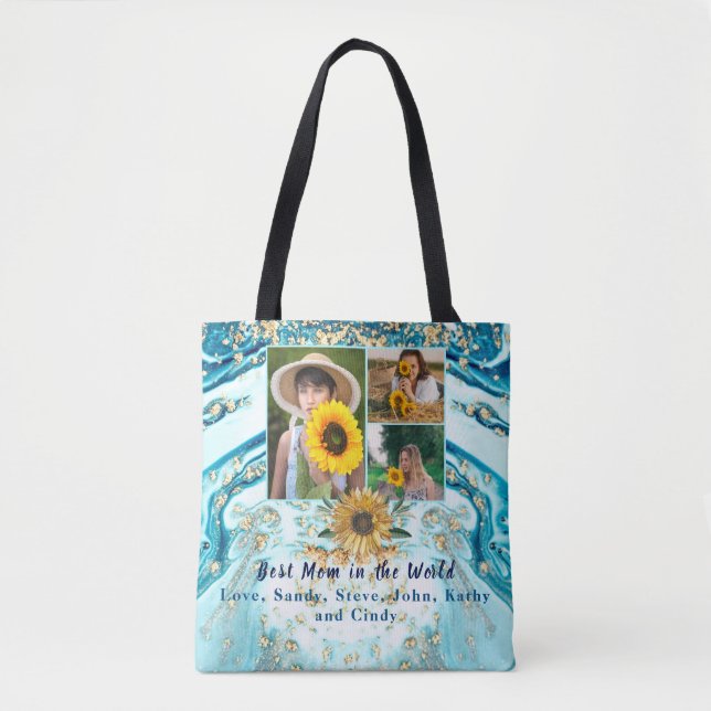 Best Mother Ever 3 Photo Collage Blue Marble Tote  (Front)