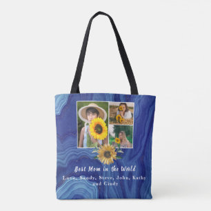 Best Mother Ever 3 Photo Collage Blue Marble Tote  Bag