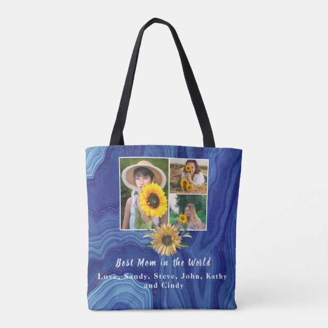 Best Mother Ever 3 Photo Collage Blue Marble Tote  Bag (Back)