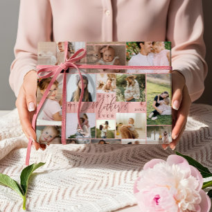 Best Mother Ever Photo Collage Pink Woodgrain Wrapping Paper Sheet