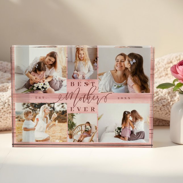 Best Mother Ever Pink Woodgrain Collage Keepsake Photo Block (Best Mother Ever Pink Woodgrain Collage Keepsake Photo Block)