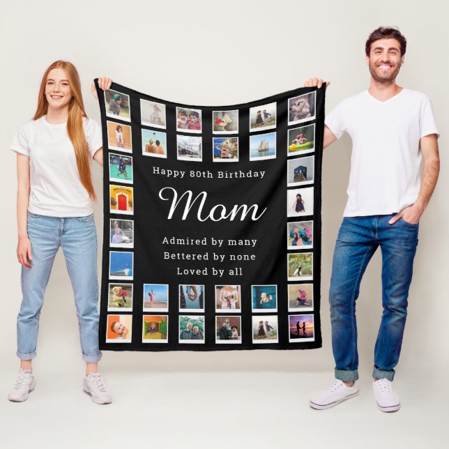 Best Mum 80th Birthday Photo Collage Black Fleece Blanket (In Situ)